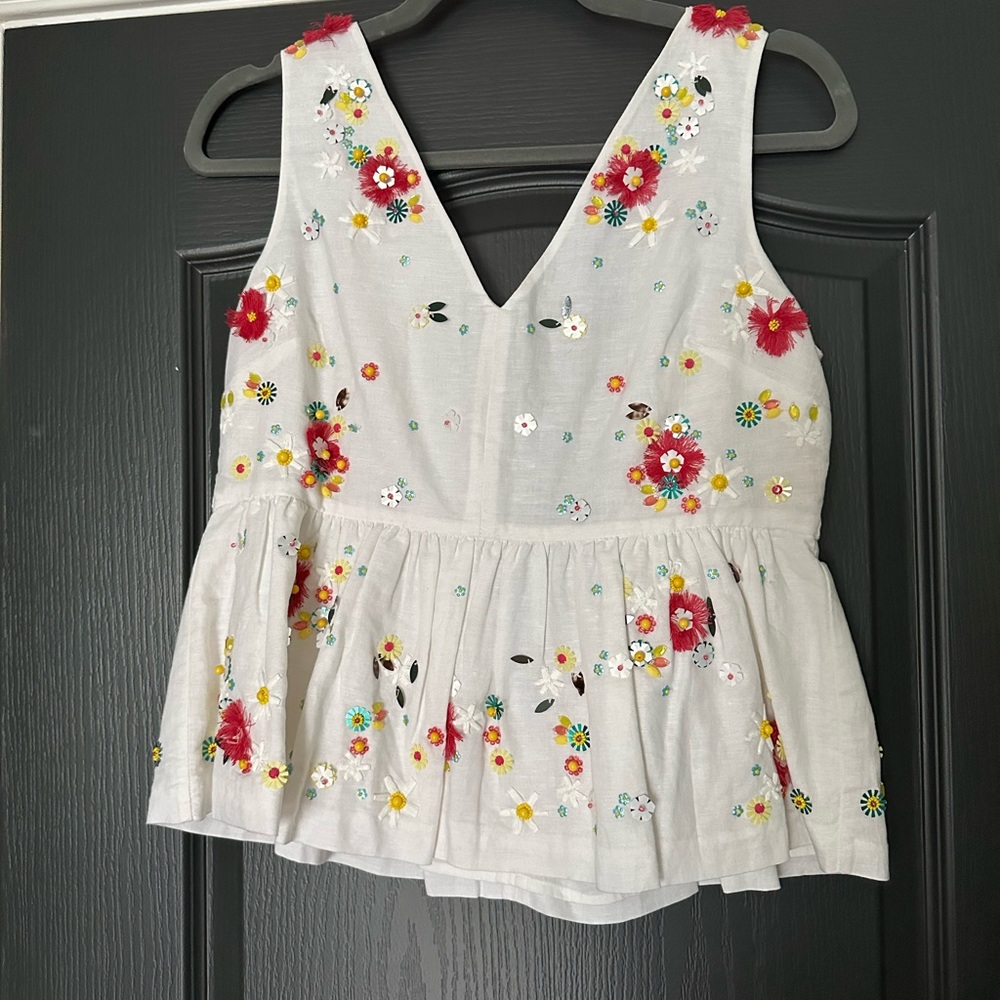 JCrew Floral Embellished White Sleeveless Linen-Cotton Peplum Top